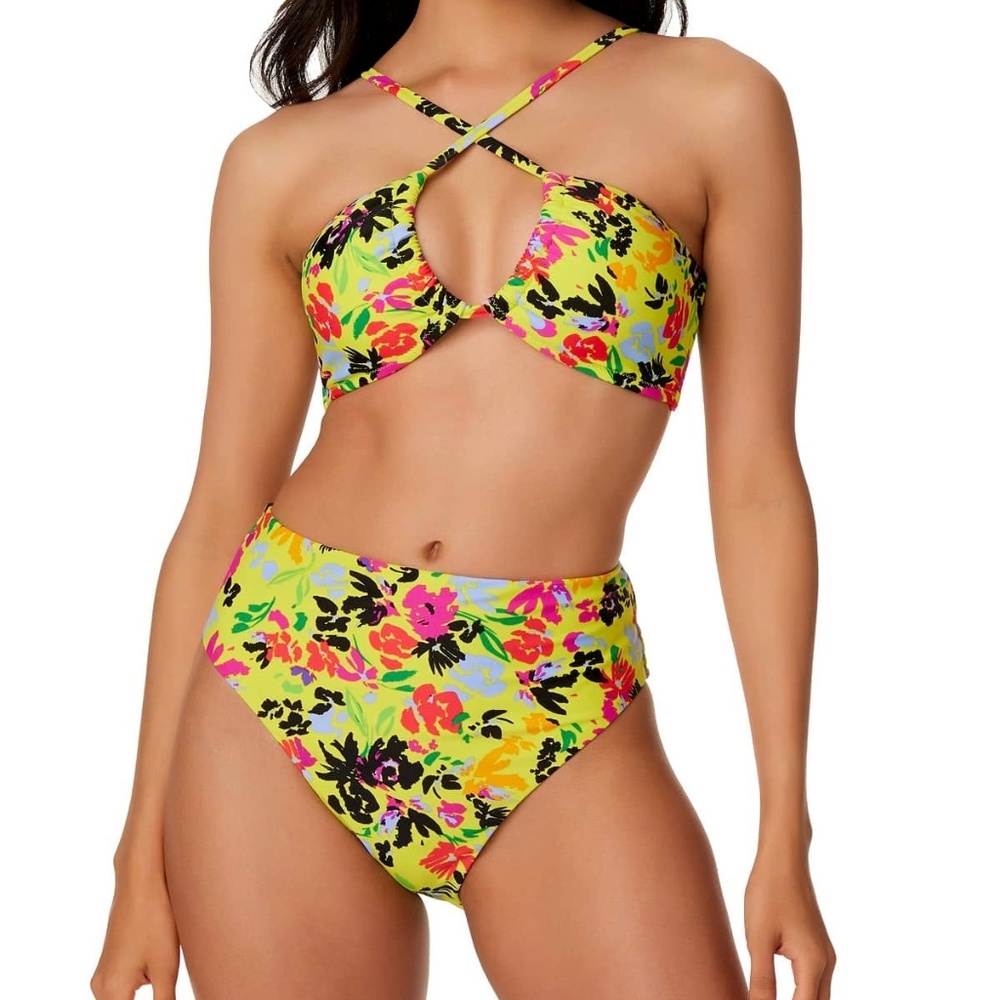 Bar III Floral Chic Convertible Top High‎ Waist Bottom Bikini Set Citron Floral
